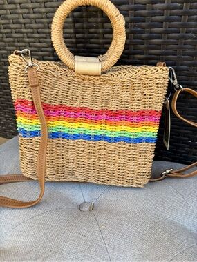 Woven Straw Crossbody Tote with Rainbow Stripe